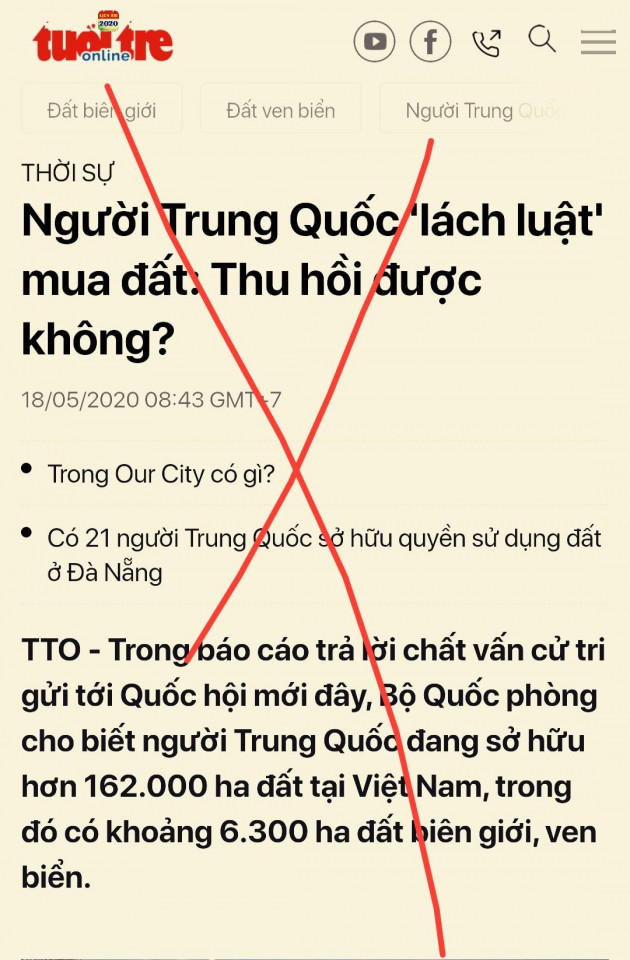 Báo Tuổi Trẻ giật tít về việc người Trung Quốc "sở hữu" đất đai ở Việt Nam